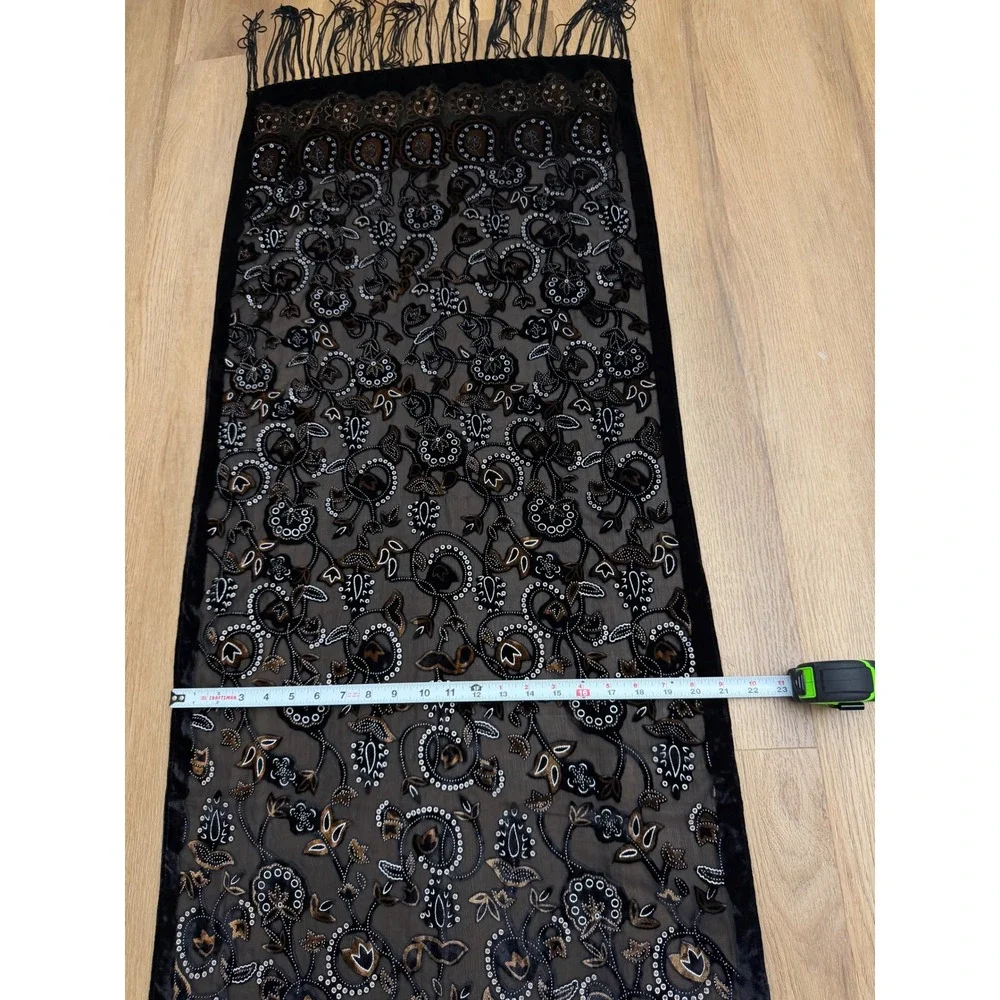 Vtg Velvet Burnout Scarf silky Black Brown Floral Paisley Fringe Witchy Romantic